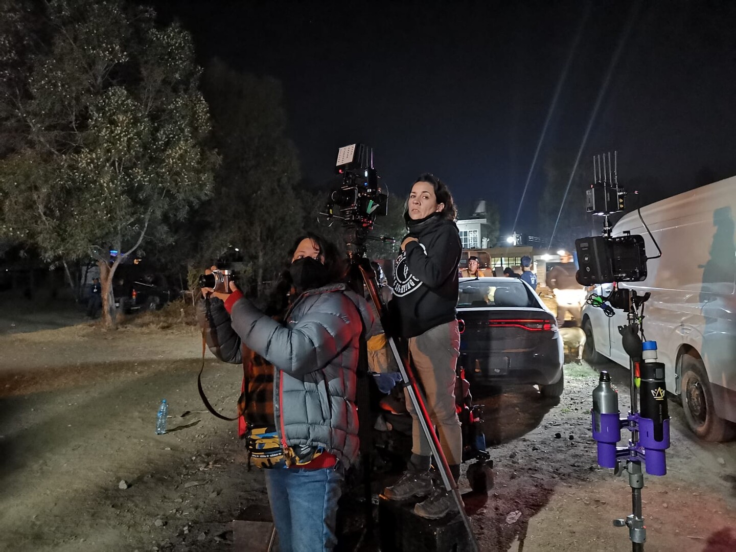 Astrid Rondero and Fernanda Valadez on set at night