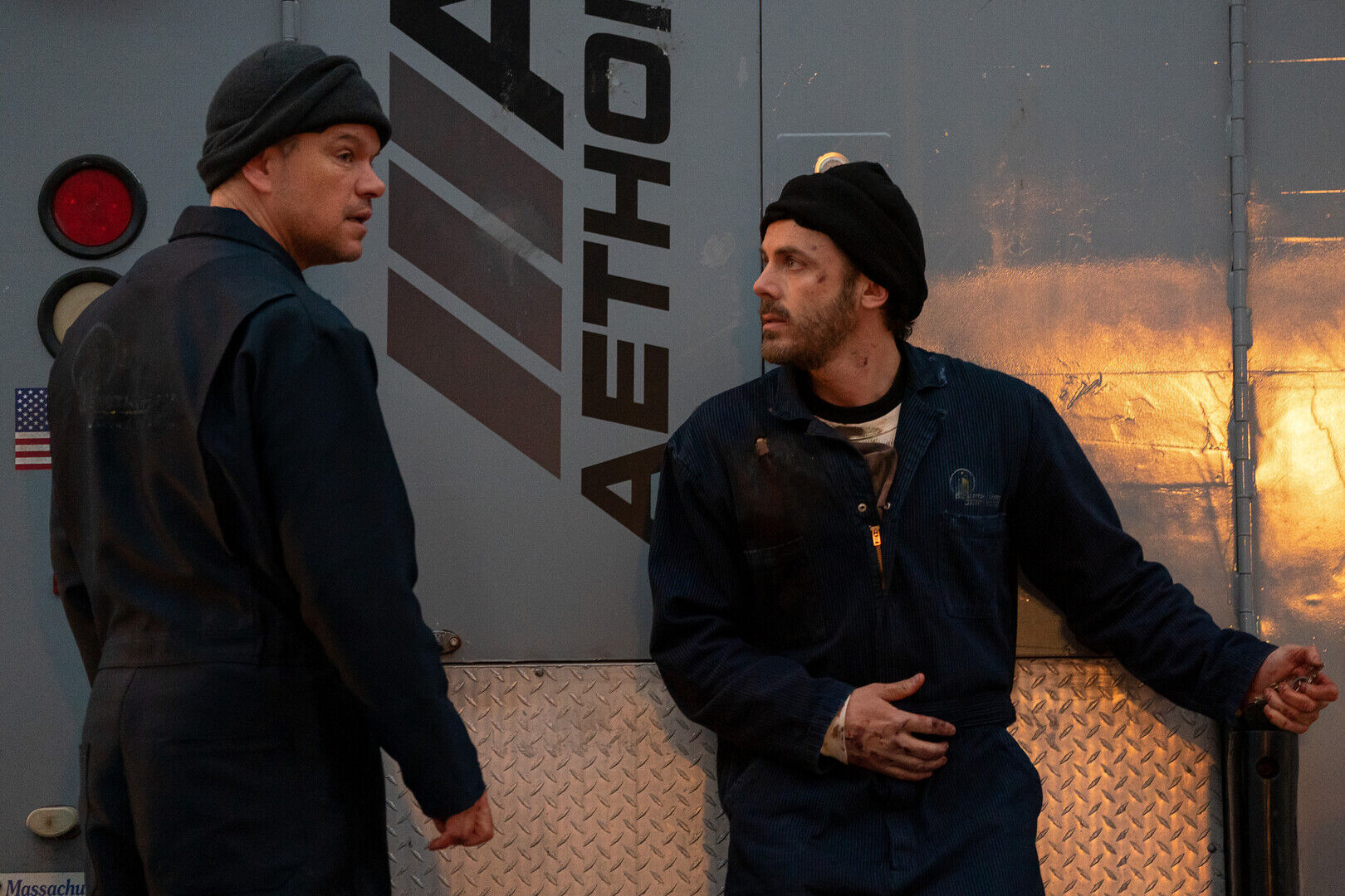 Matt Damon and Casey Affleck on set